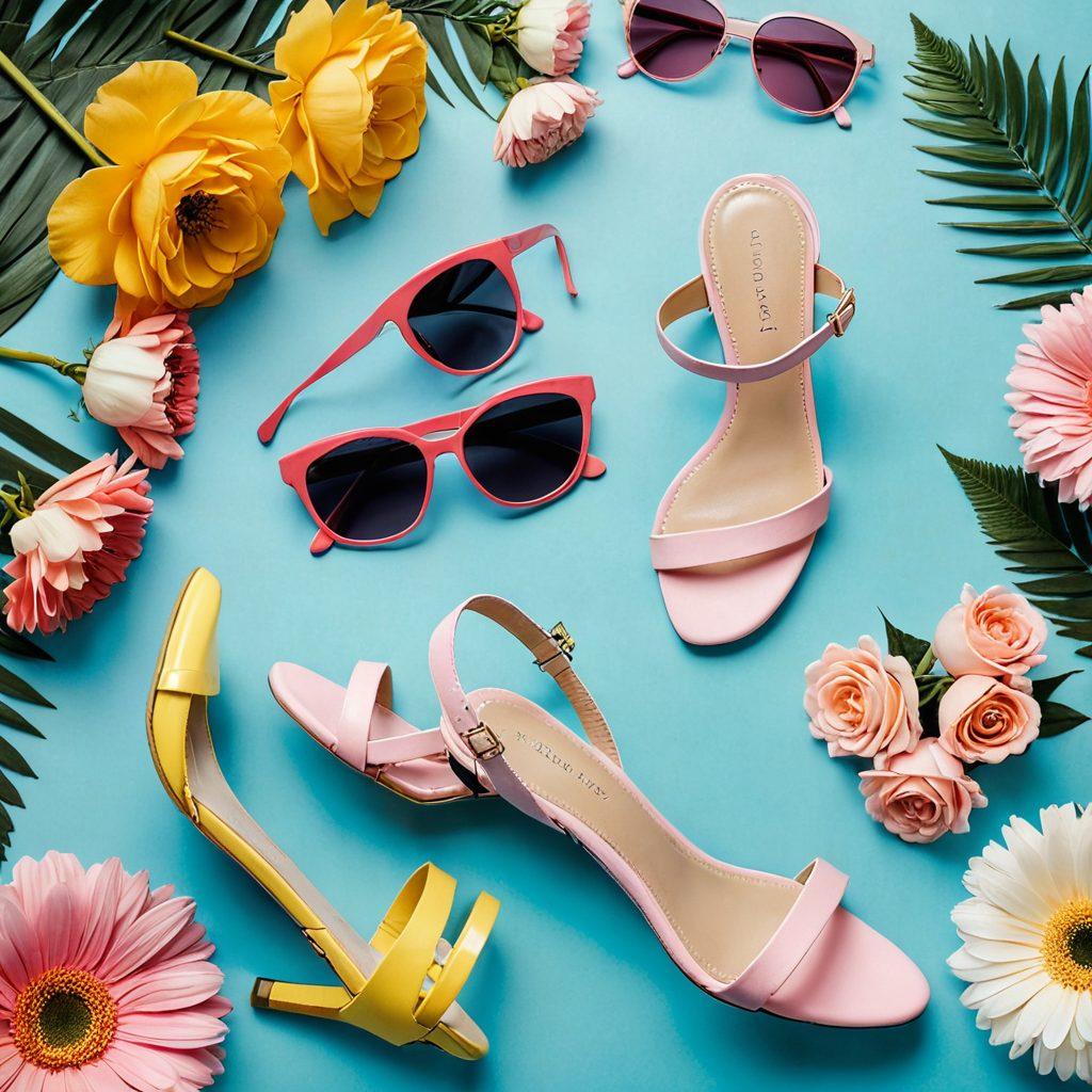 A stylish flat lay of chic footwear, showcasing a variety of shoes from strappy sandals to bold statement heels, surrounded by fashion accessories like sunglasses, handbags, and vibrant flowers. The background should be a soft pastel color to enhance the elegance of the footwear. The composition should convey a sense of fashion-forward thinking and creativity. super-realistic. vibrant colors. soft pastel background.