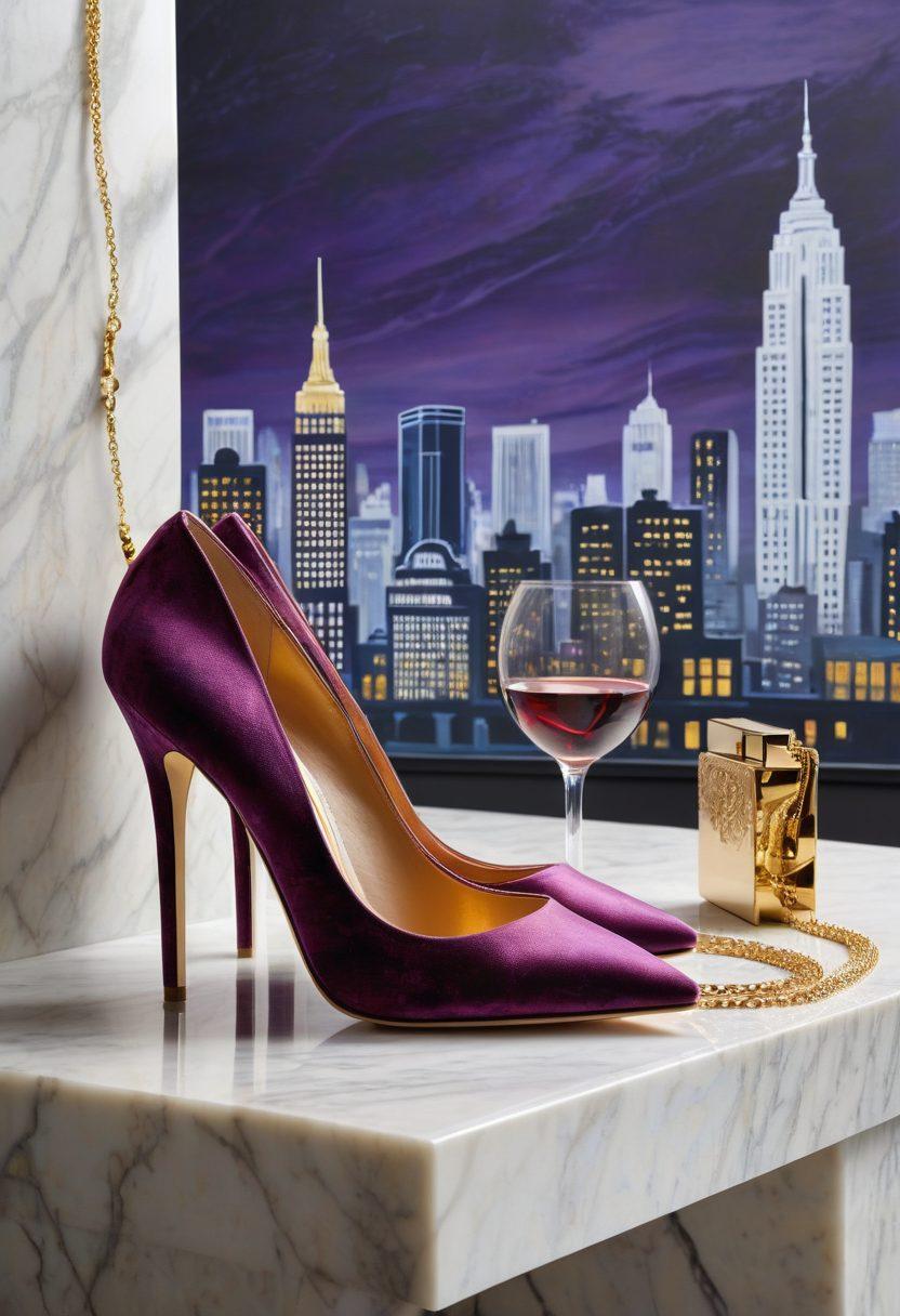 A pair of elegant designer heels showcased on a polished marble surface, surrounded by fashion sketches and chic accessories like a statement necklace and purse. Soft, glamorous lighting enhances the luxurious feel, while a stylish city backdrop hints at fashionable urban life. The color palette features rich gold and deep jewel tones. super-realistic. vibrant colors. elegant style.
